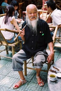 china travel tourists old man relaxing tea pipe